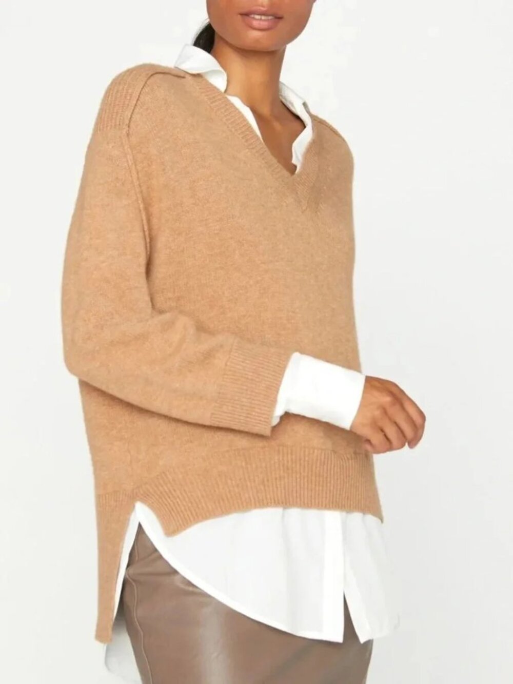 Brochu Walker The Looker Layered V Neck Wool Cashmere Camel Brown Sweater size S - Picture 4 of 16